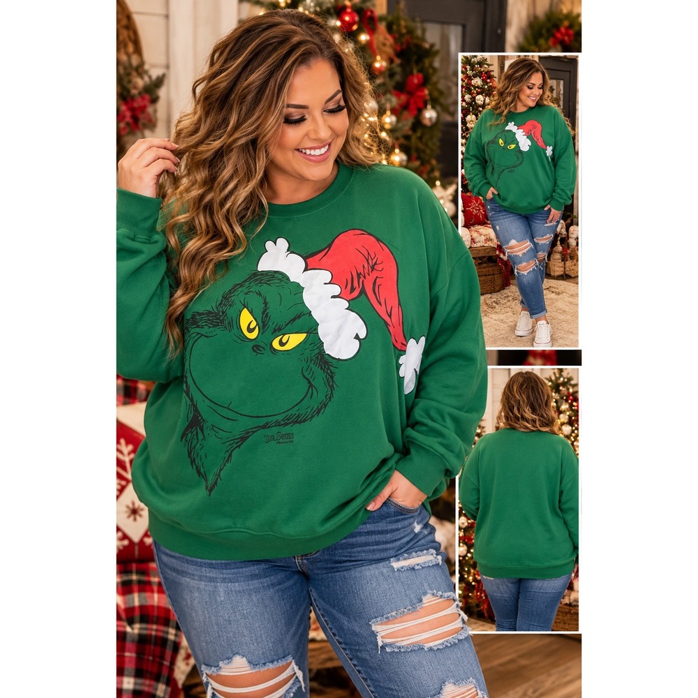 Dr Seuss The Grinch Christmas Sweatshirt Womens 2XL Green Santa Hat Graphic